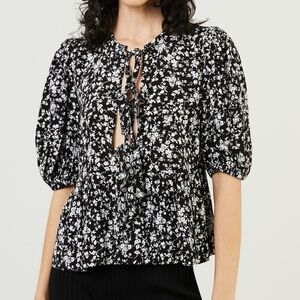 Ganni Black and White Floral Open Tie Front Peplum Blouse